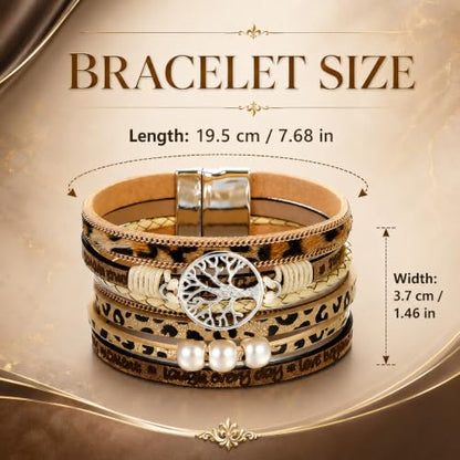 Leather Wrap Bracelets for Women, Boho Leopard Multi-Layer Crystal Beads Cuff Jewelry - color: J-Warp-001