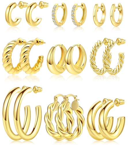 Adoyi 9 Pairs Gold Hoop Earrings Set for Womens Twisted Huggie Hoops Earrings 14K 18K Gold Plated for Girls Valentines Mother's Day Birthday Gifts Lightweight - color: Gold Plated- Gift Box