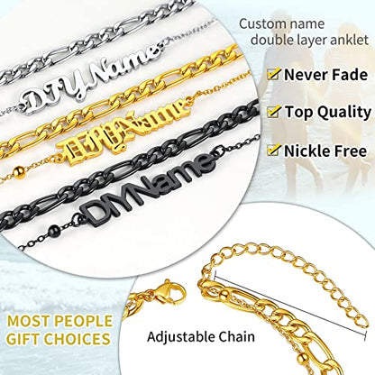 ChainsHouse Double Layer Anklet Bracelet for Women,Adjustable Chain Anklets Stackable Dainty Anklets,Stainless Steel/Gold Plated/Black Ankle Jewelry Gifts - color: B-Gold Plated-Figaro Chain