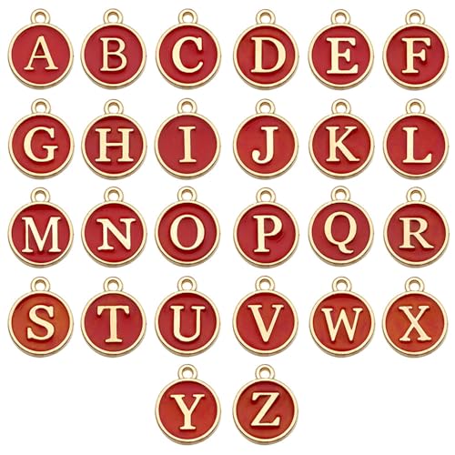 A-Z Letter Charms Round Enamel Alphabet Initial Pendant for Jewelry Making,Double-Side for Necklace Bracelet Earring DIY Craft - color: 1 set(26pcs)-Red