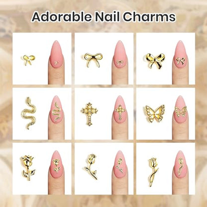 Beetles Gold Nail Charms Set 54PCS Metallic Nail Art Tools | Bows Cross Butterfly Heart Pearl and Flowers 3D Nails Charms and Gems for Nails Art Design Gold Metal Manicure Accessories - color: 3D Nail Charms-Metal