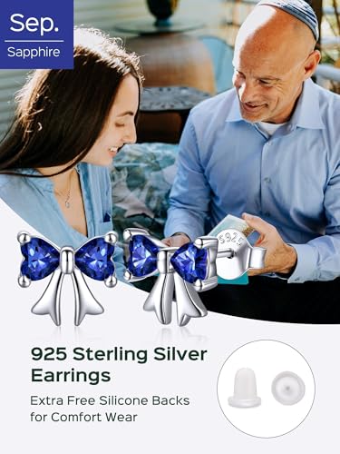 ChicSilver 925 Sterling Silver Bow/Butterfly Earrings for Women Hypoallergenic Birthstone Earrings Dainty Bow/Butterfly Jewelry Gift for Women - color: Bow-September-Sapphire