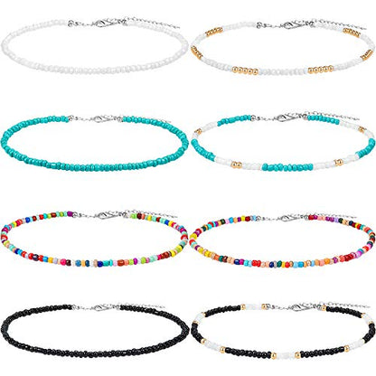 Hicarer Seed Bead Choker Necklace Tiny Beaded Choker Boho Colorful Choker Necklace Chain Jewelry for Women, Adjustable 12-16 Inches (Color Set 1,8 Pieces)