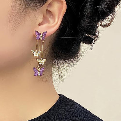 Purple Butterfly Tassel Earrings for Women Crystal Rhinestone Drop Earrings Animal Drop Dangle Charm Earrings - color: B-Purple