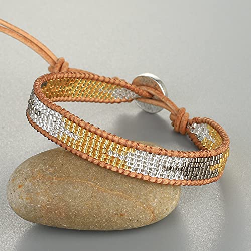 KELITCH Women Pearls Friendship Bracelets Handmade Blue Seed Bead Leather Wrap Bracelet Fashion Jewelry - color: C
