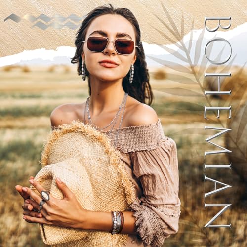 Ecally Bohemian Western Jewelry Turquoise Set Women Country Pendant Long Choker Layered Bracelets Earrings Ring for Women - color: White, style: Bohemia