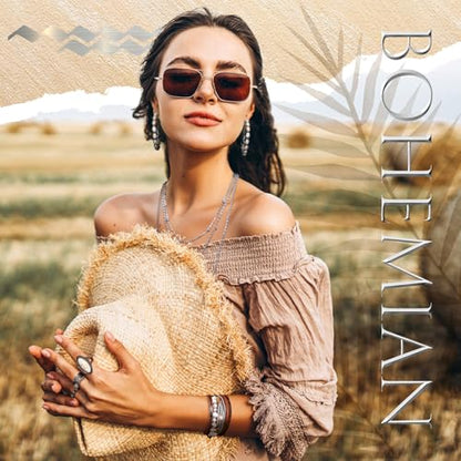Ecally Bohemian Western Jewelry Turquoise Set Women Country Pendant Long Choker Layered Bracelets Earrings Ring for Women - color: White, style: Bohemia