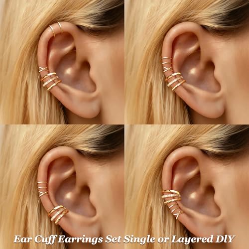 YANCHUN Ear Cuffs Non Piercing 14K Gold Plated Ear Cuff Earrings for Women Trendy Stuff Clip on Cartilage Earring Stacks Non Pierced Adjustable Fake Earrings Set Jewelry Christmas Gift 2026 Stocking Stuffers