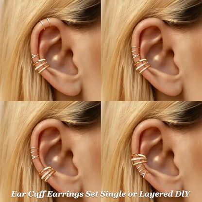 YANCHUN Ear Cuffs Non Piercing 14K Gold Plated Ear Cuff Earrings for Women Trendy Stuff Clip on Cartilage Earring Stacks Non Pierced Adjustable Fake Earrings Set Jewelry Christmas Gift 2026 Stocking Stuffers