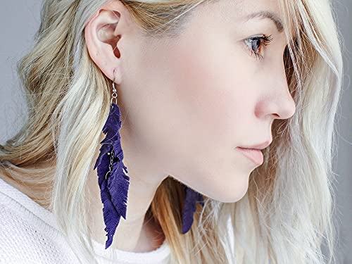 Leather Feather Earrings, Suede layered earrings, boho wedding jewelry, summer earrings, gift for her, dangle earrings - color: purple