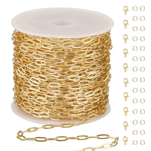 GTVOODX 33 Feet Gold Paperclip Necklace Chains Bulk for Jewelry Making | Oval Soldered Stainless Steel Necklace Bulk Chain Roll Spool for DIY Bracelet Craft Supplies with Lobster Clasps Jump Rings - color: Gold Thin Paperclip Chains
