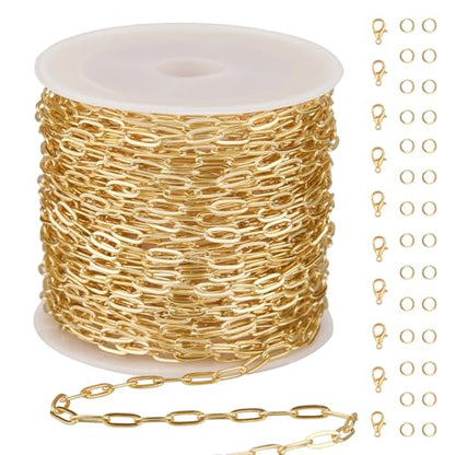 GTVOODX 33 Feet Gold Paperclip Necklace Chains Bulk for Jewelry Making | Oval Soldered Stainless Steel Necklace Bulk Chain Roll Spool for DIY Bracelet Craft Supplies with Lobster Clasps Jump Rings - color: Gold Thin Paperclip Chains