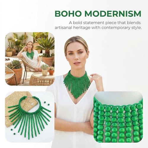 Coiris Boho African Wooden or Acrylic Beaded Bib Statement Necklace Strands Layered Cluster Chunky Collar Choker Wood Necklace for Women Fashion Costume Jewelry - color: Green
