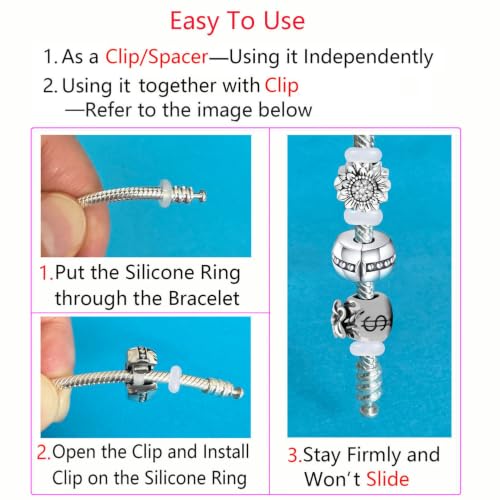 Clip Stopper Charms Sterling Silver Rondelle Spacer Bead Charm Stopper Charm for Pandora Charm Bracelets - color: Silicone Spacer ( 50 pcs )