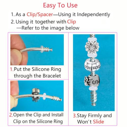 Clip Stopper Charms Sterling Silver Rondelle Spacer Bead Charm Stopper Charm for Pandora Charm Bracelets - color: Silicone Spacer ( 50 pcs )