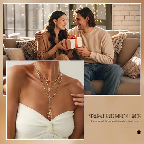 Layered Cross Necklace Set for Women, Layered Choker Necklaces Trendy Jewelry, Colorful Enamel Beaded Y-Shaped Lariat Necklace, Boho Multilayer Cross Necklace for Party and Daily Wear - color: Gold-11