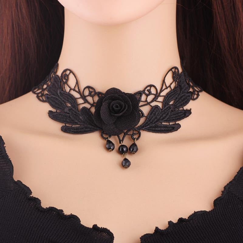 Goth Black Choker Necklace Crystal Bead Pendant Necklace for Women Gothic Velvet Lace Choker Halloween Vampire Witch Cosplay - color: D-Black