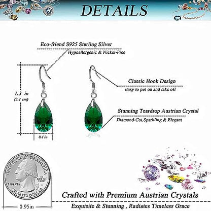Austrian Crystal Teardrop Drop Earrings for Women, French Hook | 925 Sterling Silver Hook, Crystal Dangle Earrings, Sparkly Teardrop Stone, Lightweight Feel, Day-To-Evening Wear - color: Emerald