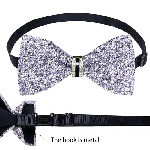DiBanGu Mens Rhinestone Bow Tie with Ring and Lapel Pin Set | Adjustable Strap,Pre-tied Style,3PCS,Sequin Diamond Bowties，Solid/Mix Color,Shiny Accessory,for Party Prom Banquet Wedding - color: Light Purple