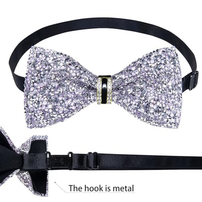 DiBanGu Mens Rhinestone Bow Tie with Ring and Lapel Pin Set | Adjustable Strap,Pre-tied Style,3PCS,Sequin Diamond Bowties，Solid/Mix Color,Shiny Accessory,for Party Prom Banquet Wedding - color: Light Purple