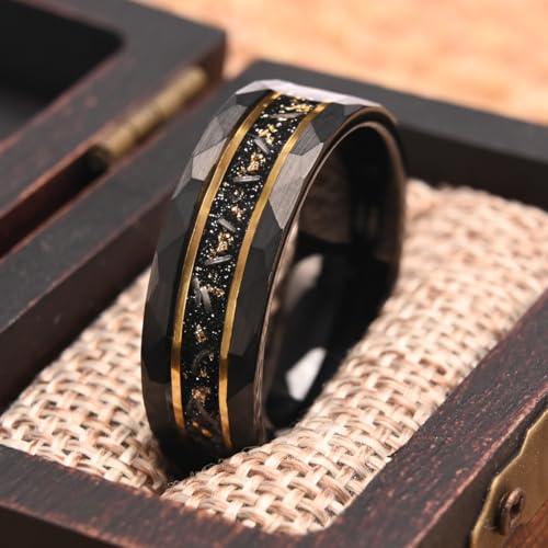 Tungsten Rings for men Black Hammered Men's Wedding bands | 8mm Inlaid Gold Foil Meteorite and Golden Grooves High Polish Matte Brushed Men's Engagement Rings Suitable for Anniversary - color: 8mm black