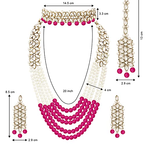 Aheli Wedding Party Wear Bridal Jewellery Choker Long Pearl Necklace Earrings Maang Tikka Indian Traditional Set Gift for Women - color: Rani Pink 1