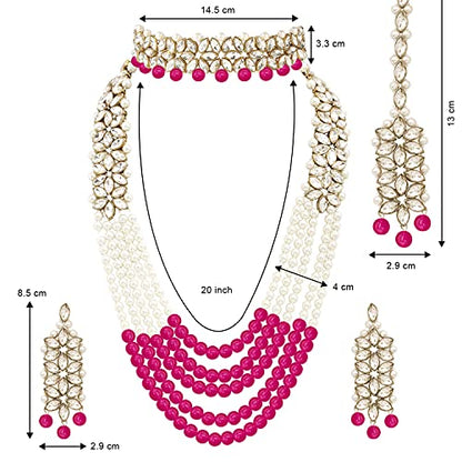 Aheli Wedding Party Wear Bridal Jewellery Choker Long Pearl Necklace Earrings Maang Tikka Indian Traditional Set Gift for Women - color: Rani Pink 1