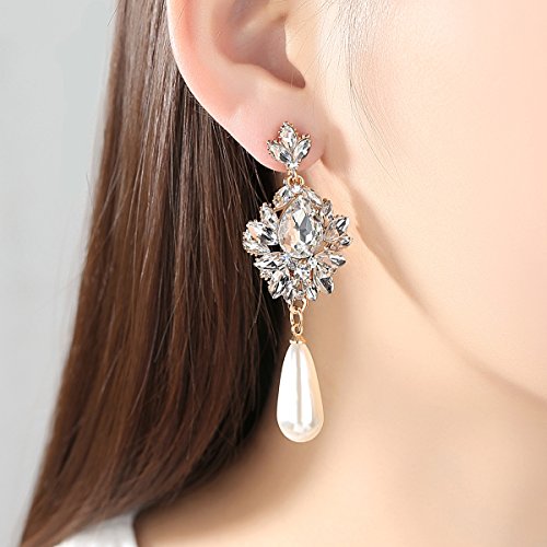 Flower Teardrop Bridal Wedding Dangle CZ Earrings in Silver/Gold Tone for Women Girl Bride Gift … - color: H-Gold