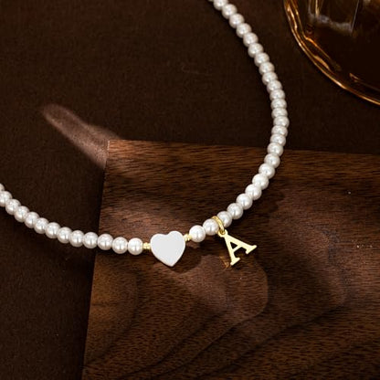 Turandoss Pearl Initial Necklaces for Women Trendy, Dainty 14K Gold Plated Heart Initial Pearl Pendent Necklace Bridesmaid Proposal Jewelry Personalized Gifts for Women Girls - color: S-1