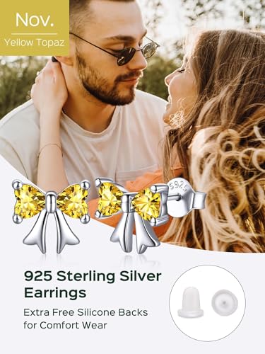 ChicSilver 925 Sterling Silver Bow/Butterfly Earrings for Women Hypoallergenic Birthstone Earrings Dainty Bow/Butterfly Jewelry Gift for Women - color: Bow-November-Yellow Topaz