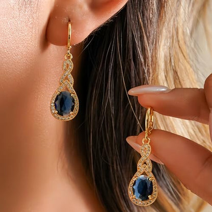 18K Gold Plated Flower Dangle Earrings for Women, Hypoallergenic Cubic Zirconia Earrings, Elegant CZ Drop Earrings, Statement Jewelry Gifts Party Fashion - style: OBS0470-Navy