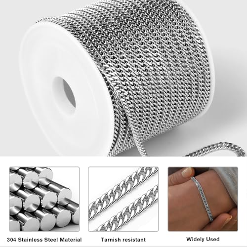 33FT Stainless Steel Cuban Chain 2.8mm Double Link Chain for Jewelry Making | Diamond-Cut Silver Curb Chain Roll Bulk for Necklace Bracelet Crafts - color: 2.88mm curb chain