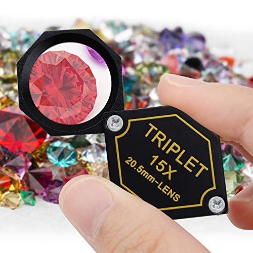 15x Magnifier Jewelry Loupe 20.5mm Triplet Lens Optical Glass Pocket Gem Magnifying Tool for Jeweler, Stamp Philatelist, Coin Numismatic, Achromatic Black Hexagonal Design Kit Set
