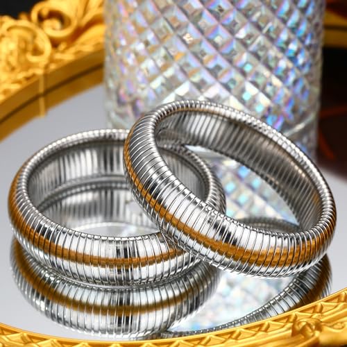 Gold Chunky Stretch Snake Chain Bangle Bracelets Stack for Women Trendy, 18K Gold Filled Stainless Steel Stretchy Womens Stackable Wristband Bangles Bracelet Set - style: SILVER 20MM 2PCS