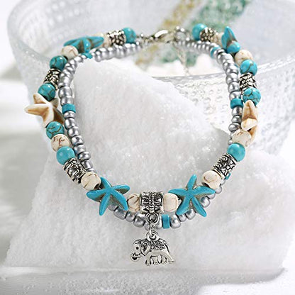Softones Blue Starfish Turtle Anklet Multilayer Charm Beads Sea Handmade Boho Anklet Foot Jewelry for Women - style: J:Elephant