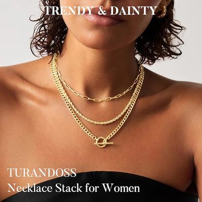 Turandoss Layered Necklaces for Women, 14K Gold Plated Chain Necklace Stack | Non Tarnish Gold Necklaces for Women, Toggle Clasp Herringbone Rope Satellite Cuban Link Chain Necklace, Trendy Jewelry Gifts - color: "paperclip+rope+toggle
