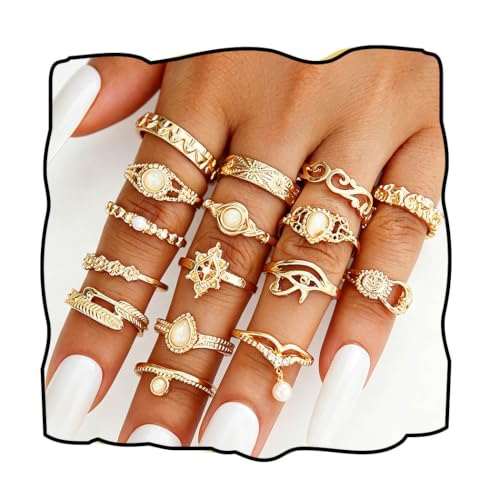 Gold Boho Ring Sets Vintage Stackable Ring Set Dainty Finger Midi Rings Pack for Women