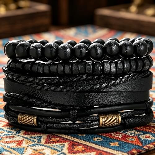 Braided Leather And Wood Bead Bracelet Set for Men Women ，Beads Cuff Bracelet Hemp Cords Ethnic Tribal，Wristband Stackable Bracelets Set Adjustable，Fashion Jewelry， Daily Wear And Party, Gift for He