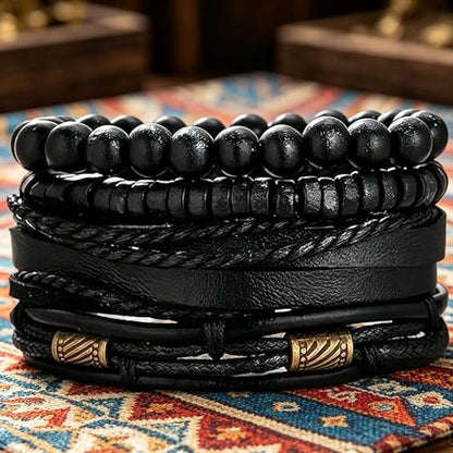 Braided Leather And Wood Bead Bracelet Set for Men Women ，Beads Cuff Bracelet Hemp Cords Ethnic Tribal，Wristband Stackable Bracelets Set Adjustable，Fashion Jewelry， Daily Wear And Party, Gift for He