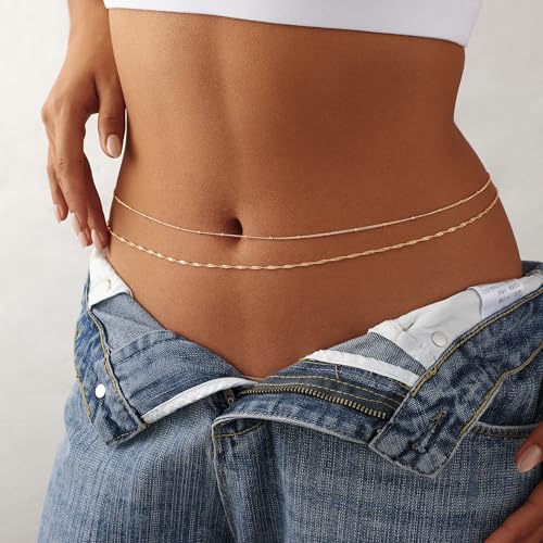 Waist Chain for Women 14K Gold/Silver Plated Body Chain Beads Link Belly Chains Belly Belt Waist Beads Chains Adjustable Sexy Bikini Body Jewelry Daily Belts Gifts for Women - style: 2Pcs Rope Satellite-GD