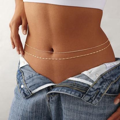 Waist Chain for Women 14K Gold/Silver Plated Body Chain Beads Link Belly Chains Belly Belt Waist Beads Chains Adjustable Sexy Bikini Body Jewelry Daily Belts Gifts for Women - style: 2Pcs Rope Satellite-GD