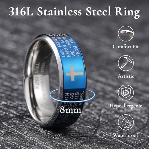 King Will Stainless Steel Men Ring Lord's Prayer Cross Ring Stainless Steel Men Wedding Ring, Wedding Band Bible Engraved Rings High Polished, Comfort Fit | 8mm, Gold/Silver/Black Wedding Band, Bible Engraved Rings, High Polished, Comfort Fit, Size 7-14 -