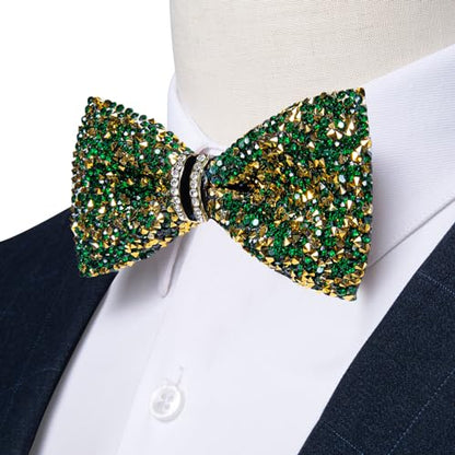 DiBanGu Mens Rhinestone Bow Tie with Ring and Lapel Pin Set | Adjustable Strap,Pre-tied Style,3PCS,Sequin Diamond Bowties，Solid/Mix Color,Shiny Accessory,for Party Prom Banquet Wedding - color: Green and Yellow