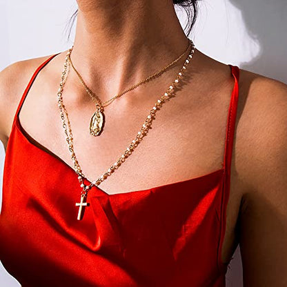 itianxi Dainty Cross Charm Pendant Necklaces,14K Gold Tiny Three Ball Necklace,Simple Fashion Jewelry for Women - color: pearl cross
