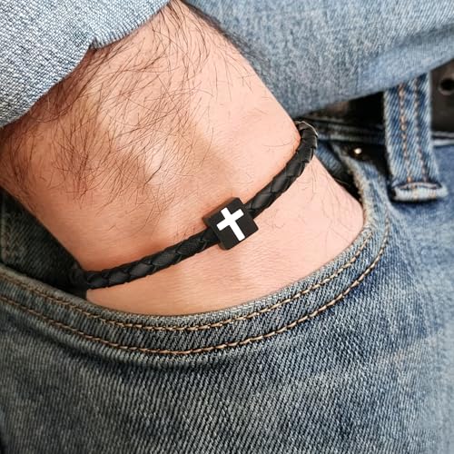 YOIHUR Cross Bracelet for Men Women, Black Italian Braided Leather Couples Bracelets, Pure Titanium Cross Mens Bracelet holiday,Jewelry Gifts for Men Women (7.5/8/8.5/9/9.5") - size: 8.5in, style: Classic Cross Bracelet