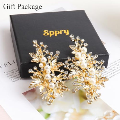 Rhinestone Pearl Alligator Bridal Hair Clips, Set of 2, Gold | For Wedding Prom, Leaf Design, Jewelry Headpiece for Women - color: Gold