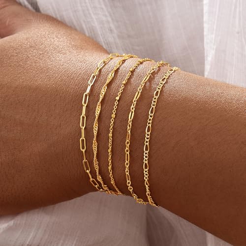 Gold Bracelets for Women, 14K Gold Plated Stackable Bracelet Stack Set Adjustable Charm Small Square Chain Snake Link Layered Waterproof Jewelry Sets Gifts - color: Bracelets-2 Gold