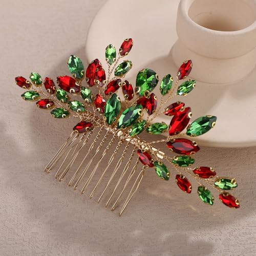 Teyglen Bridal Red and Green Crystal Hair Comb Christmas Headpiece Full Rhinestone Wedding Hair Comb Crystal Teardrop Hair Piece Hair Accessories for Women Party Prom(Red and green) - color: Red and green