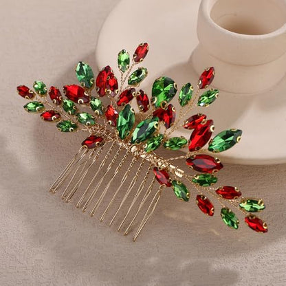 Teyglen Bridal Red and Green Crystal Hair Comb Christmas Headpiece Full Rhinestone Wedding Hair Comb Crystal Teardrop Hair Piece Hair Accessories for Women Party Prom(Red and green) - color: Red and green