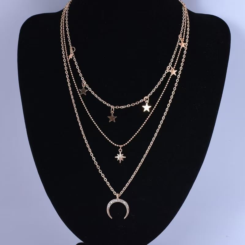 3 Layer Star Moon Pendant Necklace for Women, Gold Layered Crescent Moon Choker, Dainty Y2K Stackable Jewelry